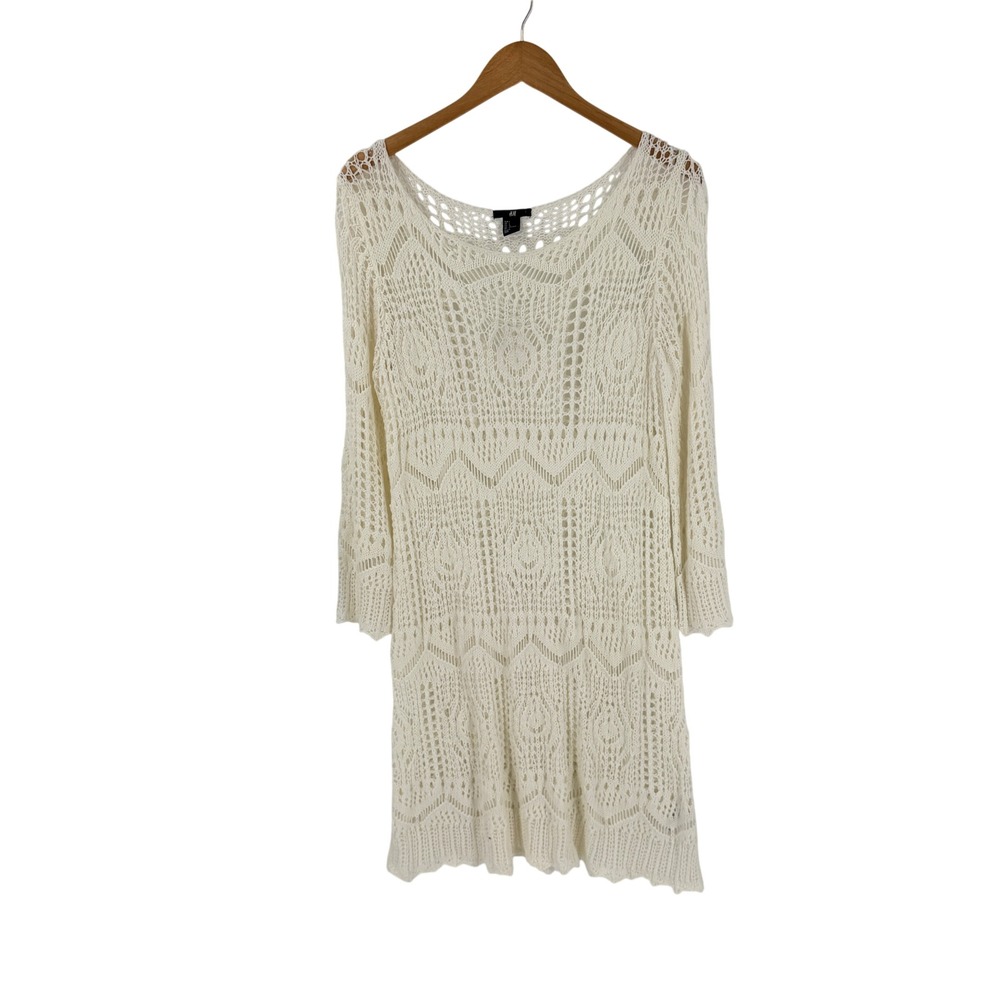 H&M Ivory Crochet Knit Dress Large Boho Beach Cover Up Festival Cottage Coastal
